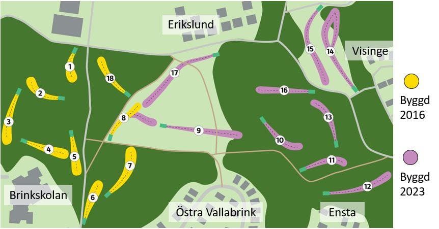 Skiss över utbyggd discgolf bana